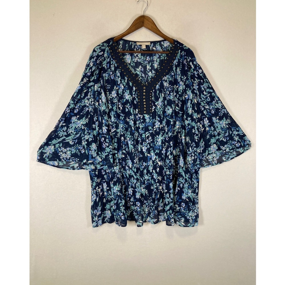 Boho Woman Within Womens 26/28 2X Navy Blue‎ Floral Studded Pleated Tunic Blouse